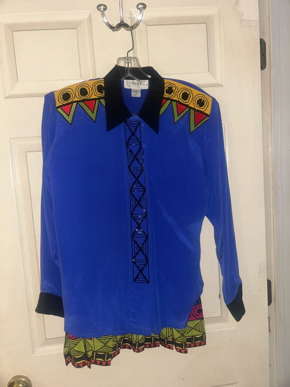 Cedars vintage Blue Embellished Women's Blazer with Geometric skirt suit small S